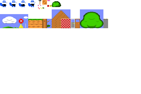 As of posting, my full tileset, with ground, trees, road, buildings, a background, and some objects.